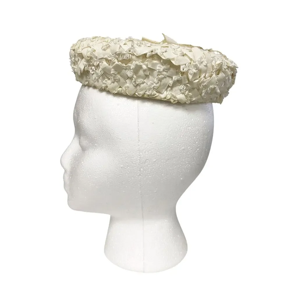 Vintage Gertrude California Womens Ivory Bow Pillbox Fascinator Hat